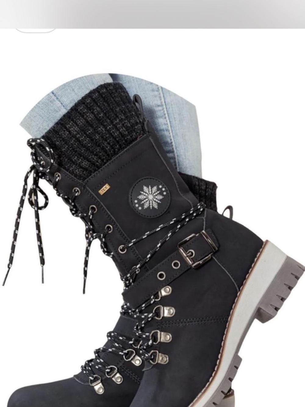 Women's Black Winter Lace-Up Knit Cuff Ankle Boots